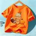 Kids orange short sleeve t-shirt with autumn pumpkin spice graphic, casual holiday top. - Cotton Orange