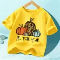 Παιδικό Φθινοπωρινό T-Shirt με Κολοκύθα Κοντομάνικο Halloween Πάρτι Βαμβακερό Top - Πλυμένο Κίτρινο