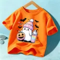 Kids Halloween short sleeve T-shirt, orange cartoon cute ghost graphic top for boys and girls. - Cotton Orange