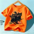 Kids Halloween Spooky Cute Black Cat Print Short Sleeve Cotton T-Shirt Orange Top - Cotton Orange