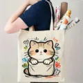 Casual τσάντα shopper από καμβά με χαριτωμένη γάτα, ιδανική για φοιτητές και χρήση. - Τύπωμα Γάτας σε Τσέπη / 35*40cm