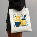 Canvas tote bag detail view, showing cute cartoon bear print and durable fabric material. - Little Bear Print Style