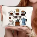 Witte canvas make-up tas met schattige koffieprint en rits voor dagelijks gebruik. - Koffie Thema