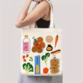 Cute hand-drawn food print canvas tote bag, casual daily shoulder bag for students and commuters. - Food Illustration Style