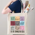 Borsa shopper in tela da donna borsa a spalla estetica con stampa di libri per uso quotidiano - 35*40cm / Stile 8
