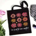 Casual black canvas tote bag featuring beautiful floral print and motivational design. - Style 4