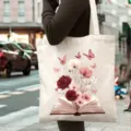 Borsa tote in tela con libro vintage e stampa di fiori, dettaglio di borsa a spalla casual. - 35*40cm / Modello 5