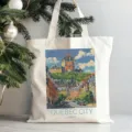 White canvas tote bag with Quebec City print, stylish casual shoulder bag for daily commute. - Style 1