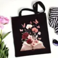 Borsa shopper in tela nera con stampa artistica di libri e fiori, borsa a spalla casual. - 35*40cm / Modello 4
