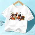 Camiseta blanca de manga corta para ninos con estampado grafico de cafe y calabaza - 110cm / Algodón Blanco