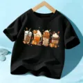 Kids black short sleeve t shirt with cute halloween pumpkin coffee graphics casual summer top. - 110cm / Cotton Black