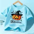 Παιδικό T-shirt κοντομάνικο Halloween Γαλάζιο Κολοκύθα Καπέλο μάγισσας Εορταστικό τοπ - Ble Vamvaki