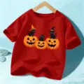 Παιδικό κοντομάνικο κόκκινο t-shirt Halloween με σχέδιο μαύρη γάτα και κολοκύθα για παιδιά - 110cm / Πλυμένο Κόκκινο