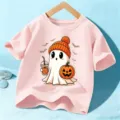 Camiseta rosa de manga corta para niños con lindo diseño gráfico de fantasma y calabaza - 110cm / Tops / Rosa