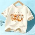 Kids Halloween pumpkin coffee short sleeve t-shirt casual autumn top for boys and girls - Cotton Apricot