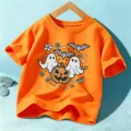 Maglietta a maniche corte di Halloween per bambini arancione con stampa di fantasmi e zucca. - Cotone Arancione