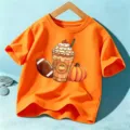 Halloween orange short sleeve kids t-shirt with pumpkin coffee graphic casual cotton boys girls top - Orange Cotton