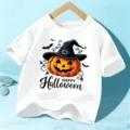 Παιδικό κοντομάνικο μπλουζάκι Halloween, λευκό τοπ με χαριτωμένο σχέδιο κολοκύθας και μάγισσας. - 110cm / Λευκό Βαμβάκι
