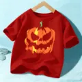 Kids red short sleeve t-shirt with spooky halloween pumpkin graphic for boys and girls wear - 110cm / Red