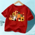 Camiseta de manga corta de otoño para niños, top con estampado de calabaza de gnomo, ropa roja. - 110cm / Rojo