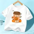 Λευκό παιδικό κοντομάνικο T-shirt με σχέδιο κολοκύθας και καφέ για τις γιορτές Halloween. - 110cm / Λευκό Βαμβάκι