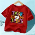 Kids Red Halloween Short Sleeve T-Shirt Cute Pumpkin Ghost Holiday Top For Boys Girls - 110cm / Tops / Washed Red