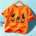 T-shirt manica corta Halloween per bambini, gatto nero zucca, top arancione in morbido cotone. - Cotone Arancione