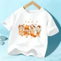 Kids white short sleeve t-shirt with autumn pumpkin coffee cups graphic cute holiday top - 110cm / Cotton White