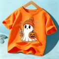 T-shirt manches courtes Halloween pour enfants orange mignon fantôme haut décontracté vacances - Orange