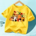 Geel t-shirt met korte mouwen voor kinderen met schattige herfst kabouter pompoen print. - Geel