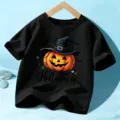Παιδικό μαύρο κοντομάνικο t-shirt με τύπωμα κολοκύθας μάγισσας αποκριών, γιορτινό τοπ. - 110cm / Βαμβακερό Μαύρο