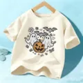 T-Shirt Bambini Stampa Fantasma di Halloween Avorio Maniche Corte Top Casuale per Bimba Bimbo - Cotone Beige