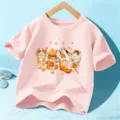 Kids Halloween short sleeve t-shirt, cute pumpkin coffee graphic tee for boys and girls top. - 110cm / Cotton Pink