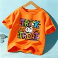 Camiseta de manga corta naranja de Halloween para niños con estampado de calabaza, top festivo. - Algodón Naranja