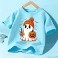 T-shirt manches courtes Halloween enfant mignon fantôme citrouille haut bleu clair mode - Bleu