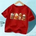 Red kids short sleeve t-shirt with cute autumn pumpkin coffee graphic variant for halloween. - 110cm / Cotton Red
