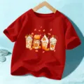 Kids red short sleeve t-shirt with cute autumn pumpkin latte print, casual holiday top. - 110cm / Cotton Red