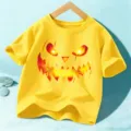 T-shirt court jaune Halloween pour enfants avec motif de visage de citrouille enflammé. - Jaune Lavé