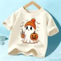 T-shirt à manches courtes avec motif de fantôme d'Halloween mignon pour enfant beige. - Abricot