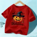 Παιδικό κόκκινο κοντομάνικο μπλουζάκι Halloween, στάμπα κολοκύθα μάγισσα, γιορτινό τοπ - 110cm / Πλυμένο Κόκκινο