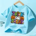 Camiseta gráfica de manga corta de Halloween para niños, color azul claro festivo - Algodón Azul