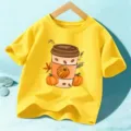 Bambini t-shirt manica corta giallo stampa tazza caffè zucca top autunno abbigliamento - Giallo Lavato