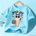 Kinderen korte mouw t-shirt met Halloween geest print, lichtblauwe casual zomertop. - Blauwe Katoen