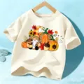 Kinderen herfst korte mouw t-shirt, schattige kabouter pompoen print, beige katoenen top. - Abrikoos