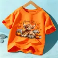 Kids orange short sleeve t-shirt with cute highland cow and fall pumpkin print for autumn. - Orange