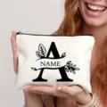 Trousse de maquillage en toile avec lettre vintage personnalisée A, sac fourre-tout décontracté. - Lettre A