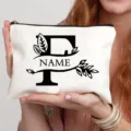 Gepersonaliseerde canvas cosmetische tas met vintage letter F en bladontwerp, stijlvol en praktisch. - Letter F