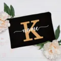 Custom letter makeup bag black canvas zipper pouch with elegant floral peony background - Letter K