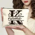 Vue détaillée de la trousse de maquillage en toile personnalisée avec lettre et zip. - Lettre K