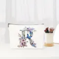 Floral letter R canvas cosmetic bag, elegant storage pouch for daily makeup and travel essentials. - Letter R